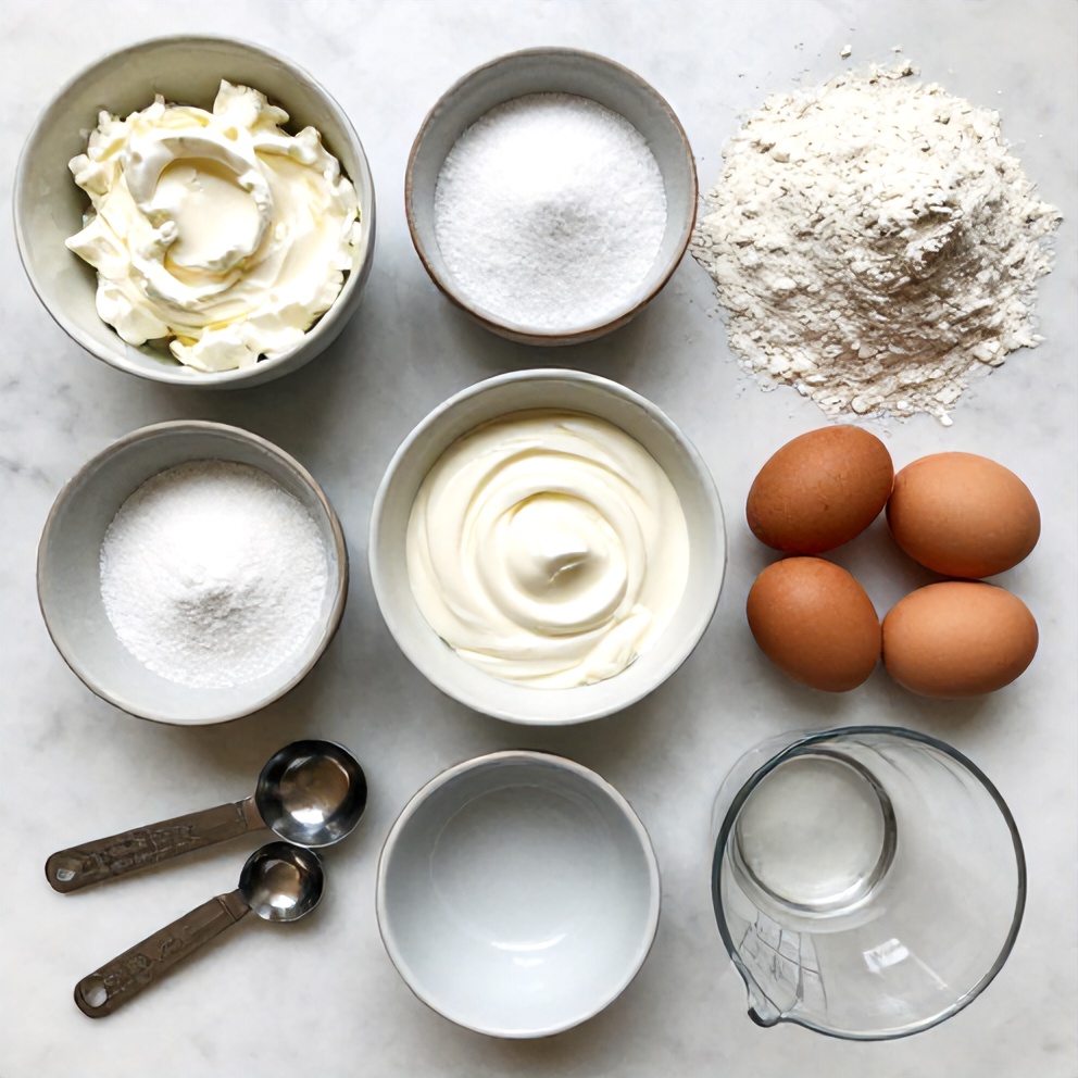 Raw ingredients for Burnt Basque Cheesecake: cream cheese, sugar, eggs, heavy cream, and flour