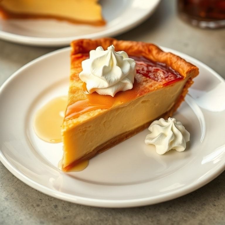 Served slice of burnt honey pie on white plate garnished with whipped cream and honey drizzle