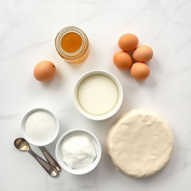 Raw ingredients for burnt honey pie recipe including honey, eggs, cream, sugar and flour arranged on white marble