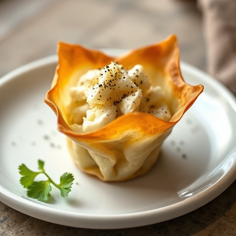 One perfectly plated Easy Caesar Salad Wonton Cup garnished with Parmesan and cracked black pepper on a white ceramic plate