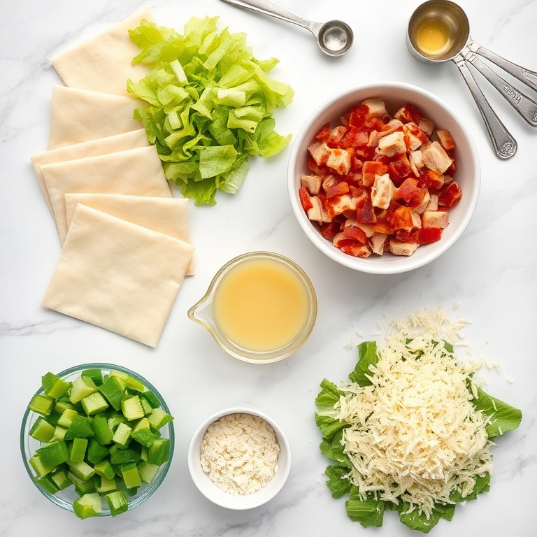 Overhead flat lay showing wonton wrappers, romaine lettuce, cooked chicken, crispy bacon strips, Caesar dressing, and grated Parmesan on a white marble surface with measuring spoons