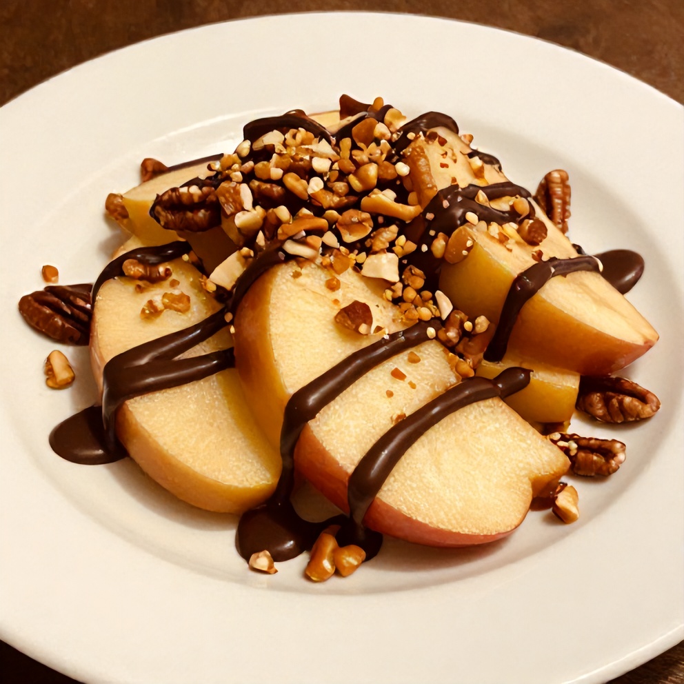 Plated caramel apple slices with chocolate drizzle on a white plate