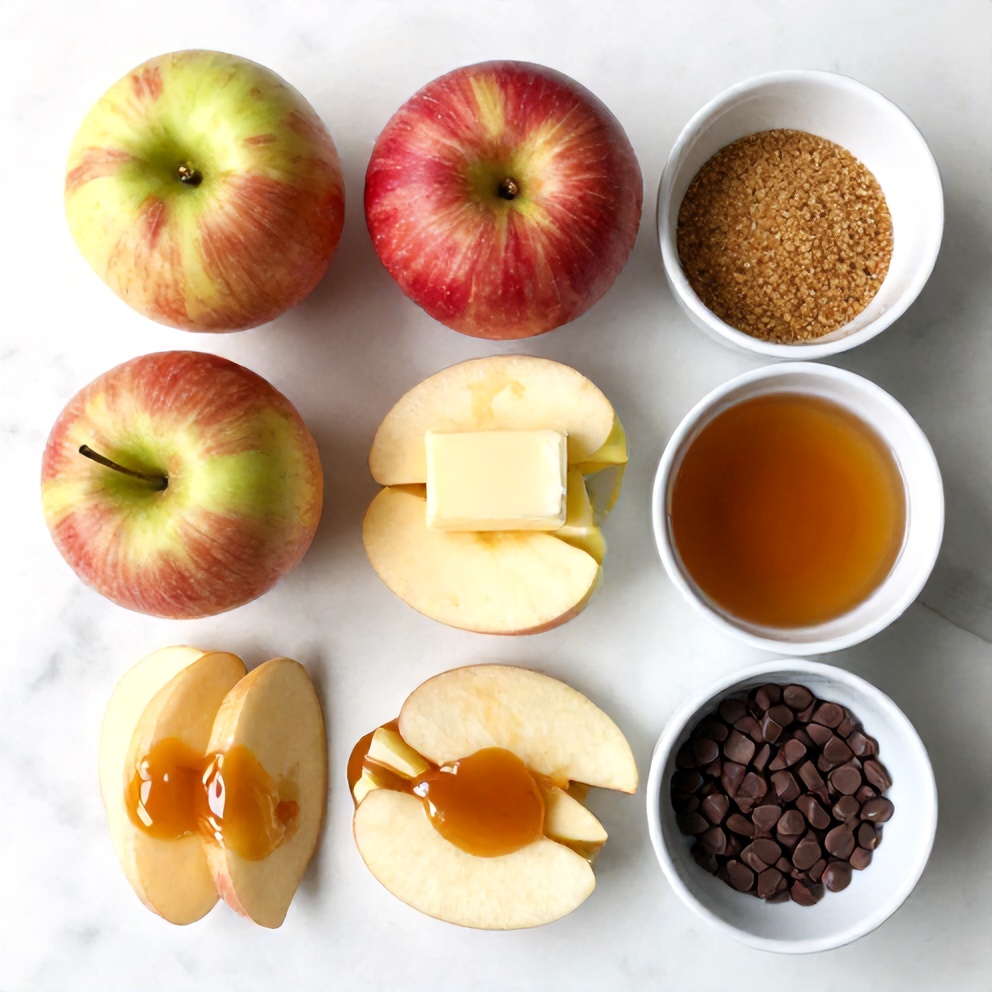 Raw ingredients for caramel apple slices on a white marble surface