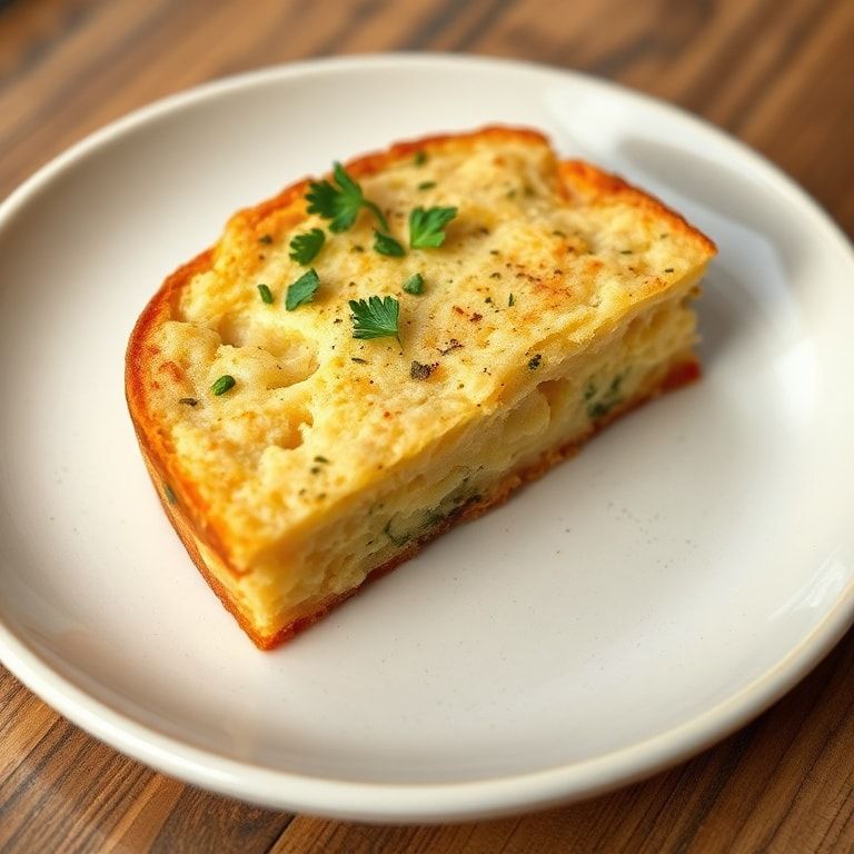 Single slice of cheddar herb soda bread on white plate garnished with fresh herbs