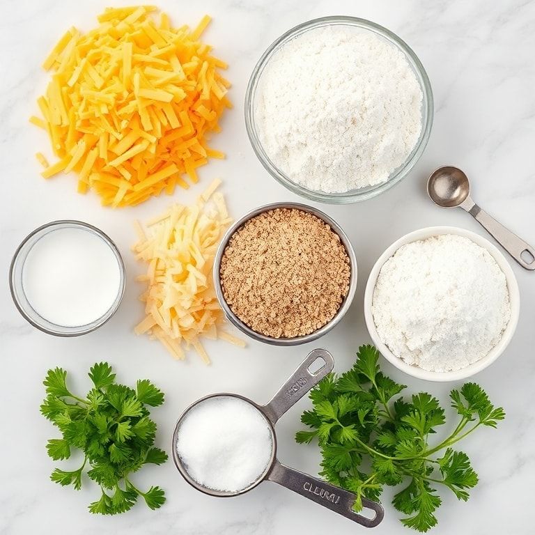 Ingredients for cheddar herb soda bread including shredded cheddar, flour, baking soda, herbs, and buttermilk arranged overhead