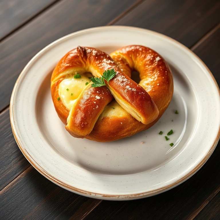 One cheese stuffed pretzel on a rustic plate garnished with parsley and sprinkled coarse salt in warm lighting