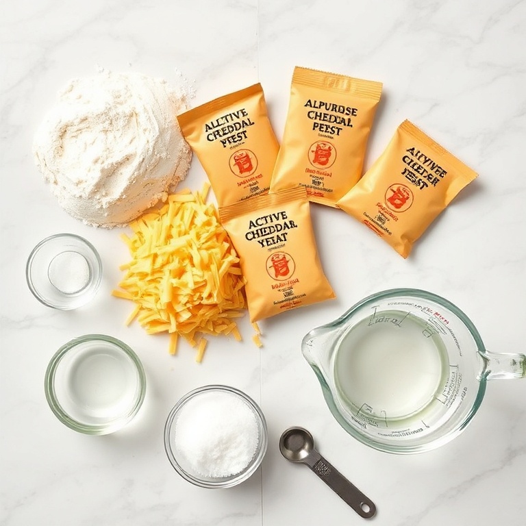 Overhead flat lay showing raw flour, shredded cheese, yeast, salt, baking soda, and prepared dough on white marble countertop