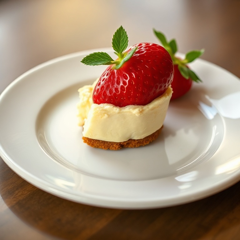 A single, perfectly plated cheesecake stuffed strawberry. The exact garnish is named. A white ceramic plate is shown. Warm side lighting highlights texture. Photorealistic food photography. No text. No watermark.