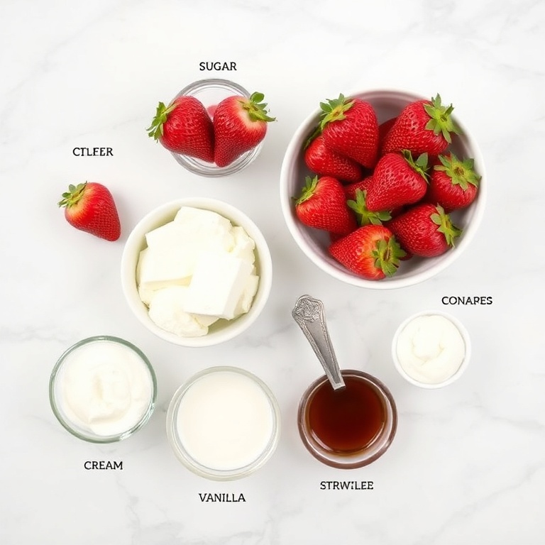 An overhead flat lay of fresh strawberries, cream cheese, sugar, cream, and vanilla. The 5 most visually prominent ingredients are named. Small prep bowls, measuring spoons, and cups are visible. A white marble surface. Bright even light. Photorealistic overhead food photography. No text. No watermark.