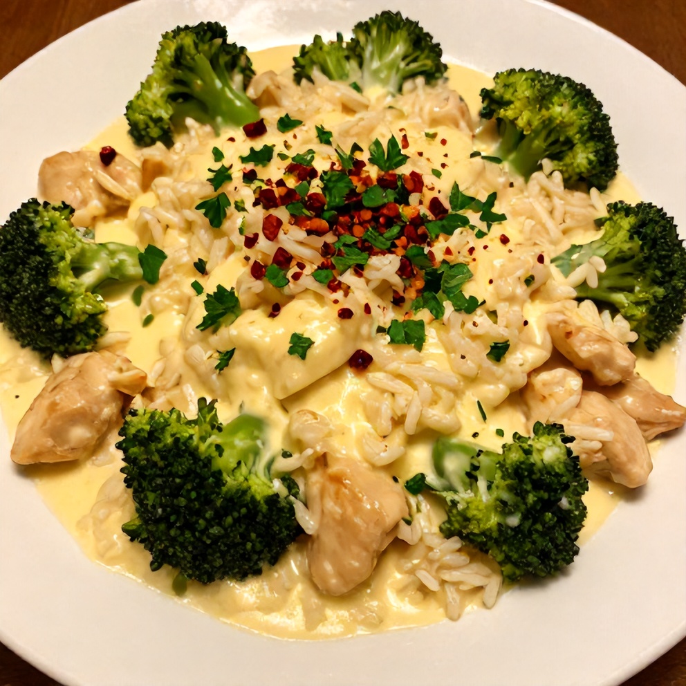 Plated serving of creamy cheesy broccoli chicken and rice