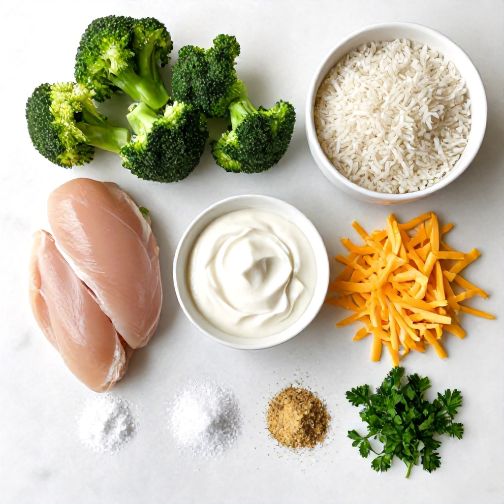 Raw ingredients for cheesy broccoli chicken and rice crockpot dinner