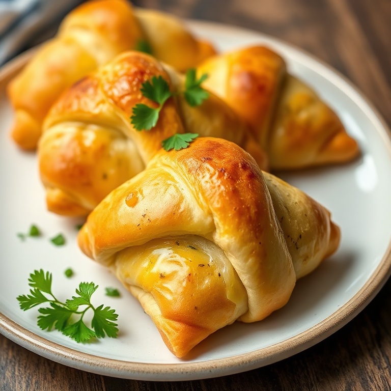 One perfect plated serving of cheesy garlic crescent rolls. Garnished with fresh parsley. Close crop showing the golden crust and melted cheese. Warm side lighting highlights texture.