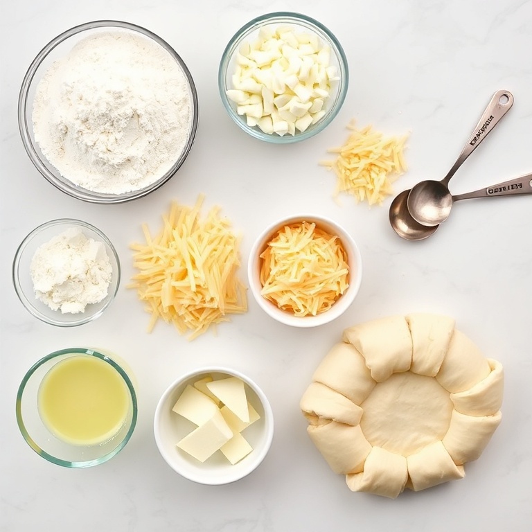 All raw ingredients for easy cheesy garlic crescent rolls arranged as an overhead flat lay. Flour, cheese, garlic, butter, and crescent dough visible. Prep bowls and measuring spoons nearby. White marble surface. Bright even natural light.