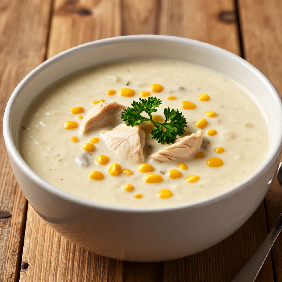 Bowl of Chicken and Corn Chowder garnished with fresh parsley, served on a rustic wooden table
