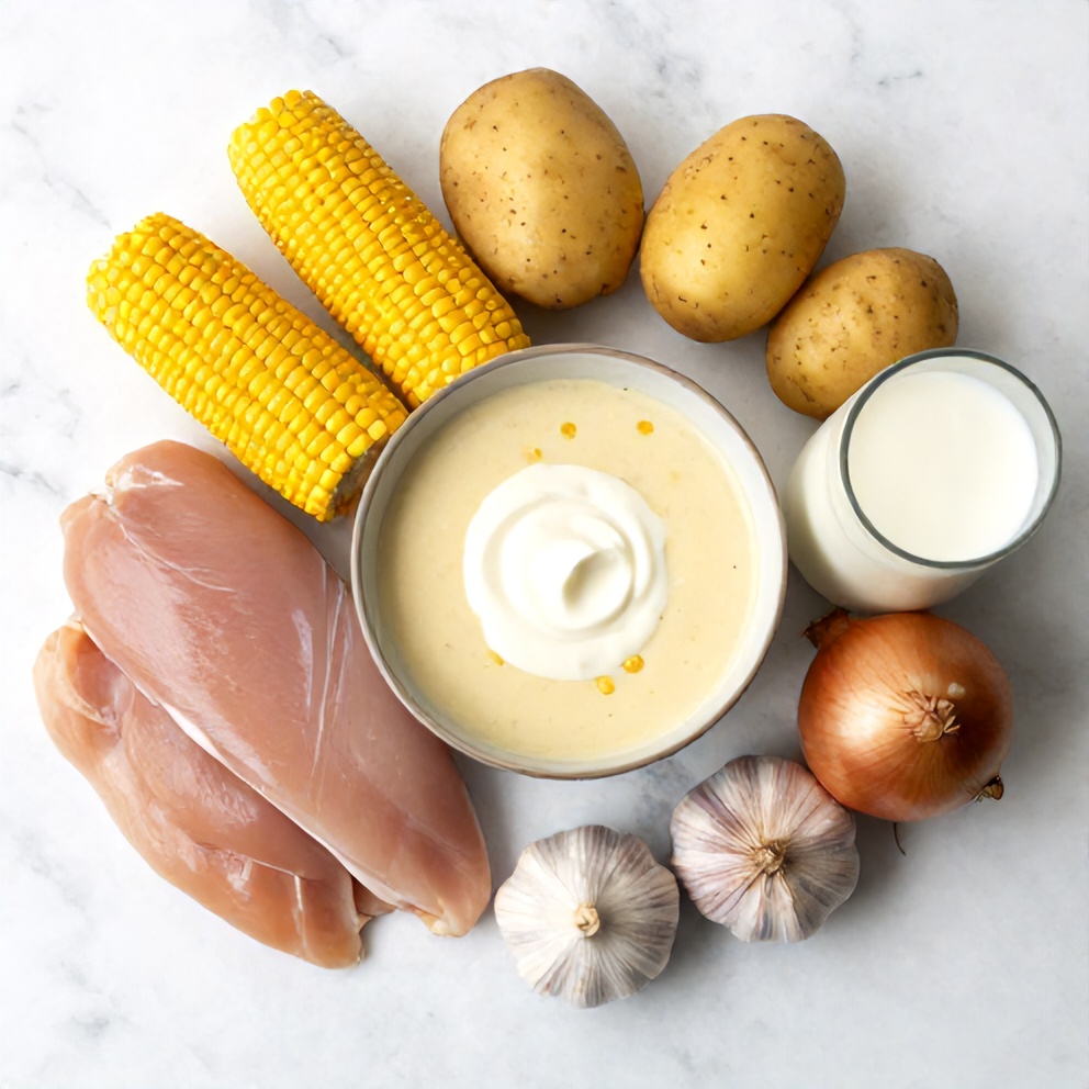Raw ingredients for Chicken and Corn Chowder, including chicken breasts, corn, and onions, arranged on a marble surface