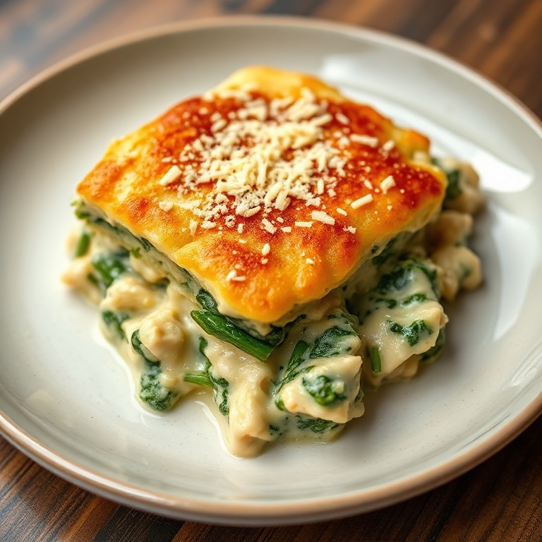 Plated chicken and spinach casserole with a sprinkle of Parmesan. Creamy texture and golden top. Warm lighting.