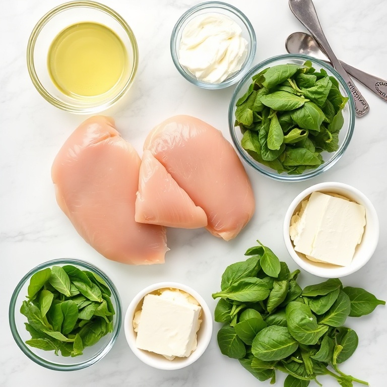 Raw ingredients for chicken and spinach casserole. Chicken breast, spinach, cream cheese, butter, garlic. Measuring spoons and bowls.