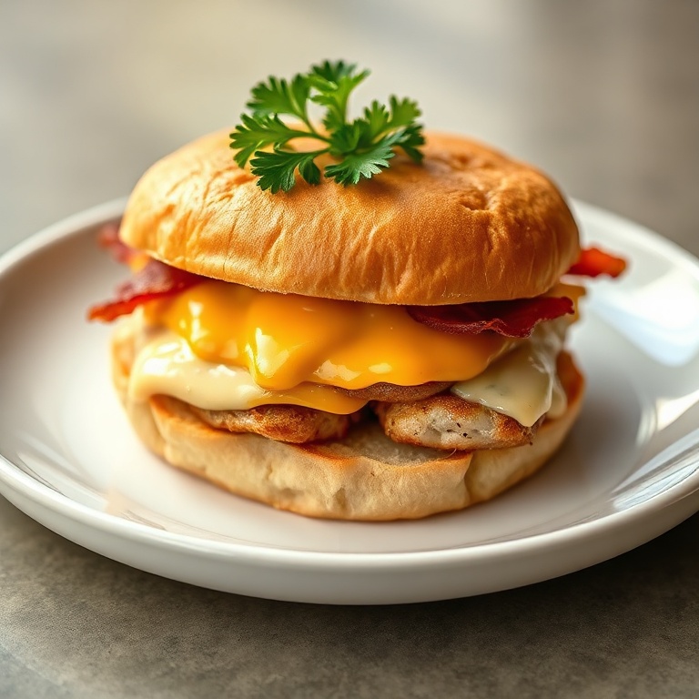 Plated easy chicken bacon ranch sandwich garnished with fresh parsley on a white plate