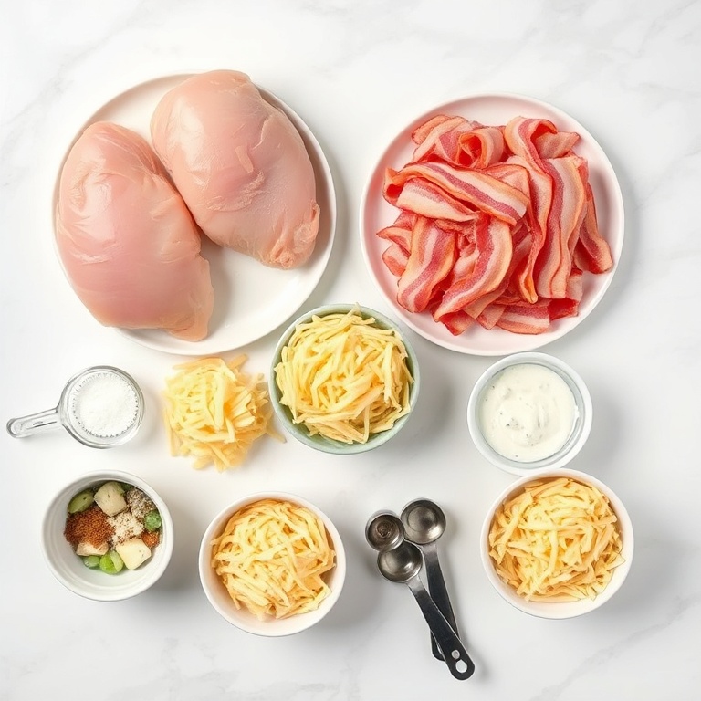 Raw chicken breasts, bacon strips, ranch seasoning, sandwich buns, shredded cheddar cheese arranged with bowls and utensils