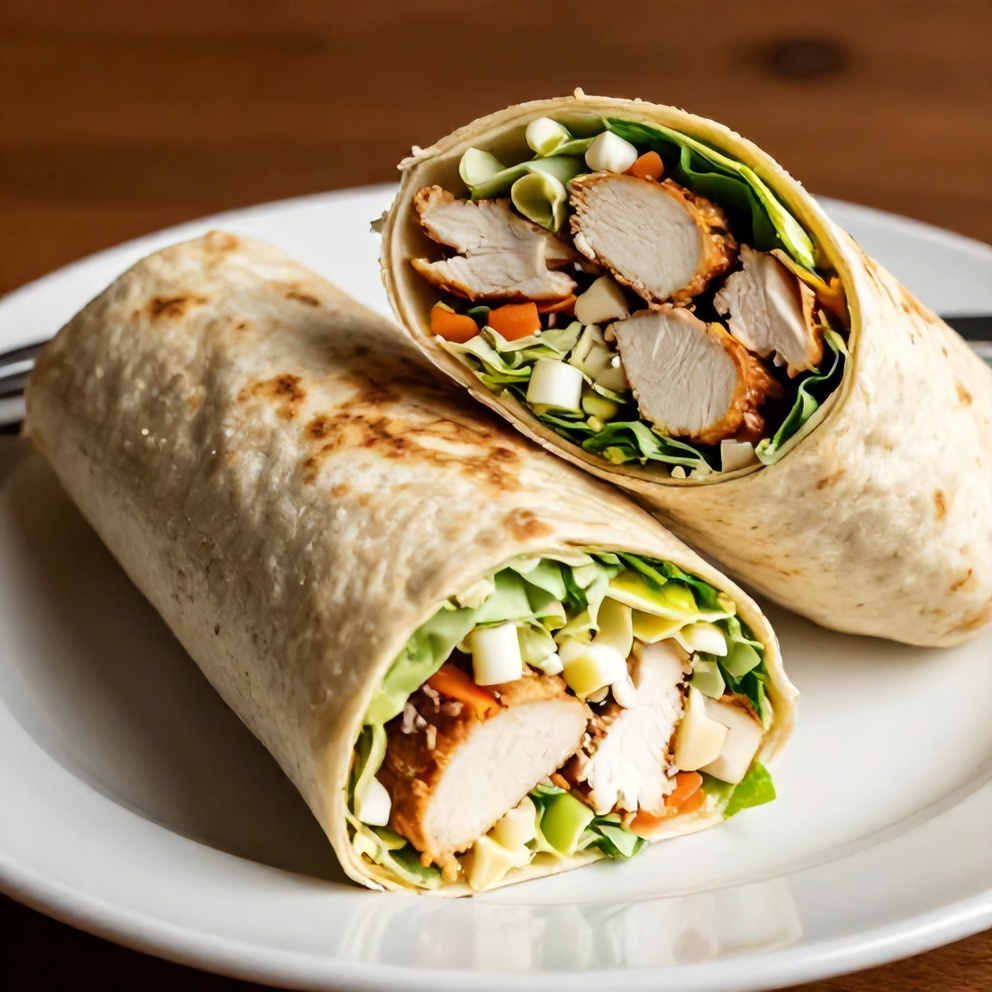 Chicken Caesar Wrap on a white plate with a fork
