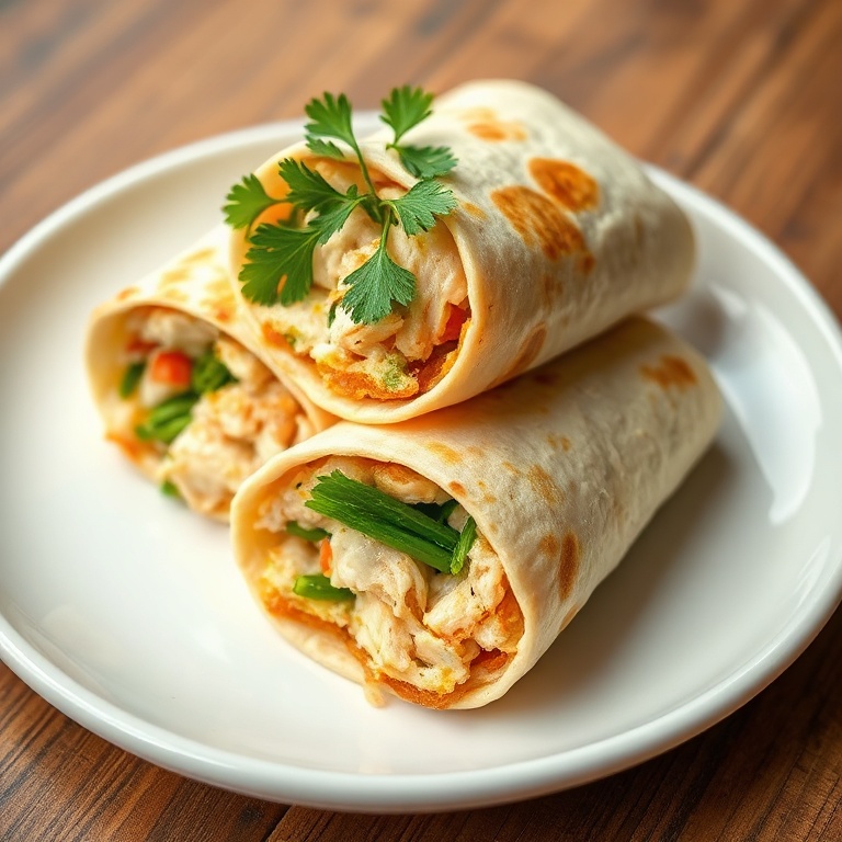 Perfectly plated chicken caesar wrap with fresh parsley garnish. White ceramic plate with crispy edges. Warm side lighting showing texture. Photorealistic food photography.