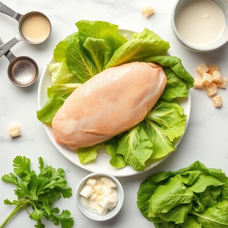 Chicken breast, romaine lettuce, croutons, Parmesan cheese, and Caesar dressing arranged in an overhead flat lay. Measuring spoons and bowls visible. White marble surface. Bright even light. Photorealistic food photography.