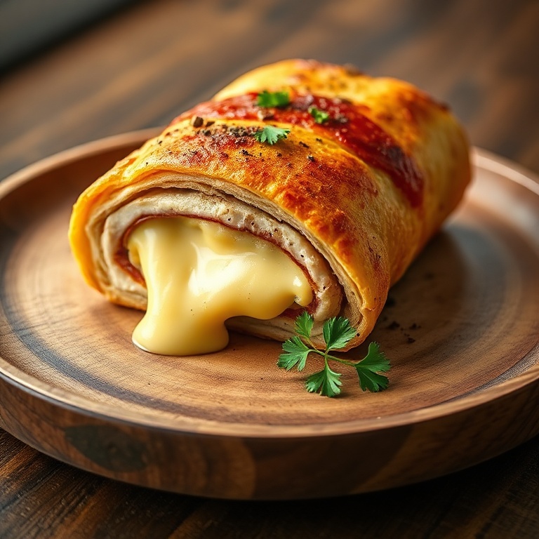 Perfectly plated Chicken Cordon Bleu Stromboli with a slice of cheese oozing out. Served on a rustic wooden plate with fresh herbs on the side.