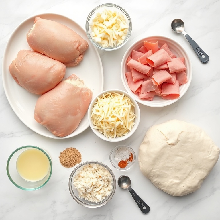Raw ingredients for Chicken Cordon Bleu Stromboli. Chicken breasts, ham, cheese, bread dough, and seasonings arranged in an overhead flat lay.