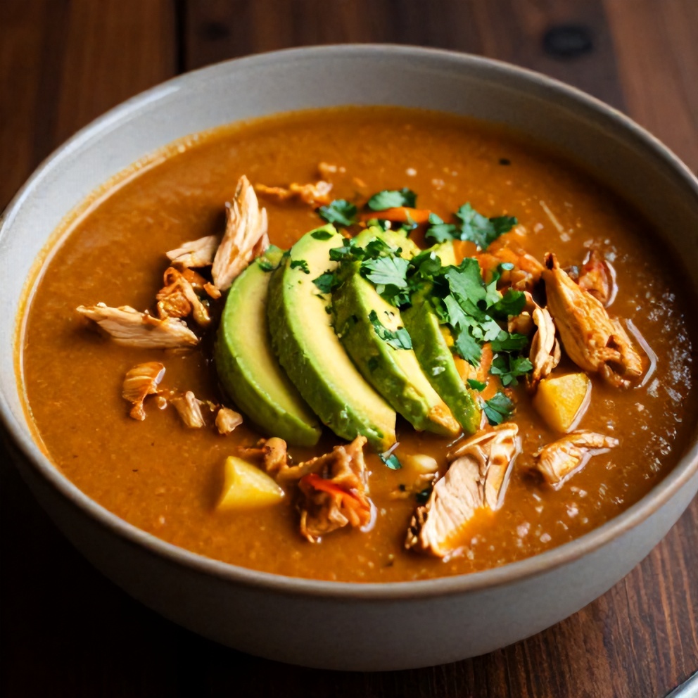 Bowl of Chicken Enchilada Soup with avocado and cilantro