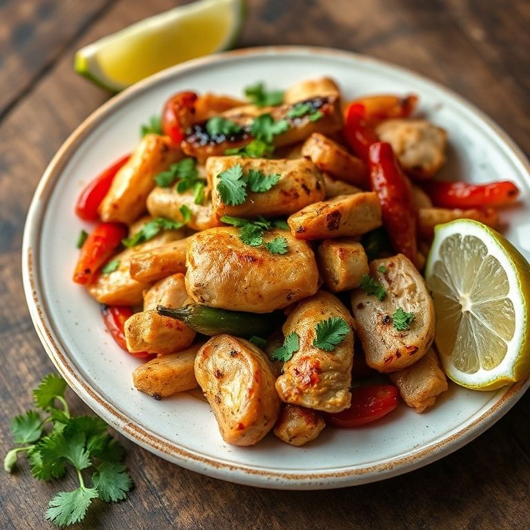 A serving of chicken fajitas topped with fresh cilantro on a white plate