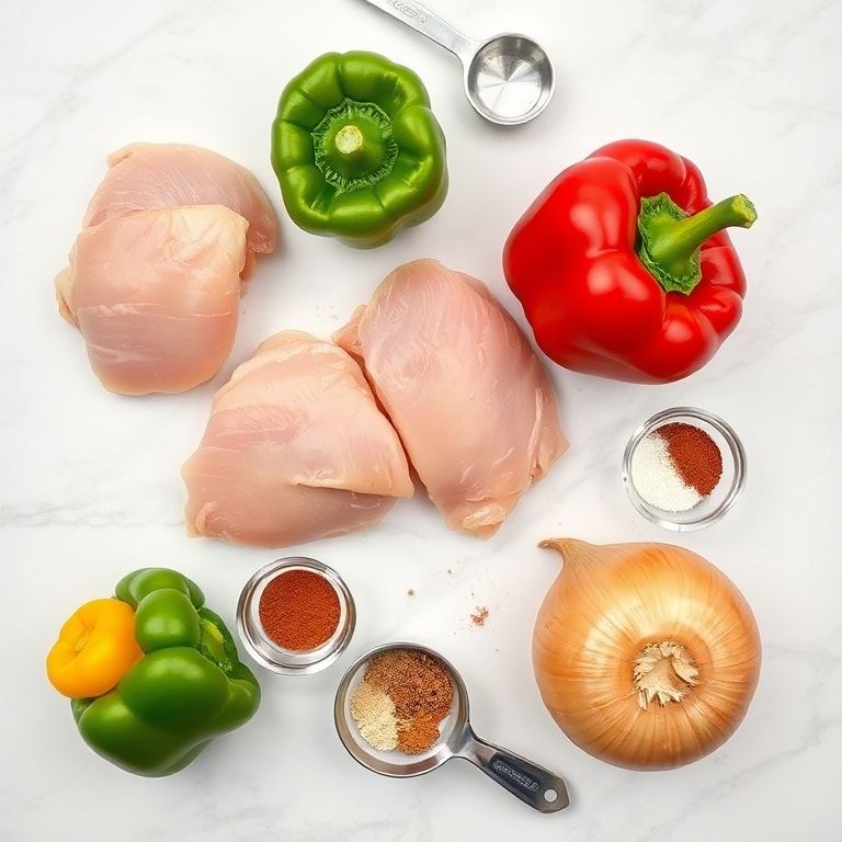 Overhead flat lay of sliced chicken breasts, bell peppers, onions, lime, and spices in bowls and measuring spoons