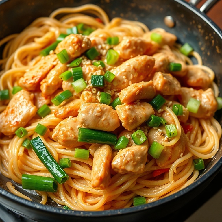 Serving of chicken lo mein with green onions and sesame seeds. Sizzling pan with noodles and veggies. Warm side lighting. No text or watermark.