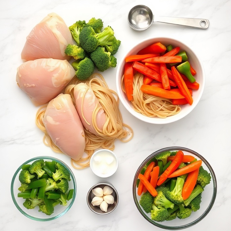 Raw ingredients for chicken lo mein. Chicken breasts, egg noodles, broccoli, bell peppers, carrots, garlic. Measuring spoons and bowls on white marble surface. Bright even light. No text or watermark.