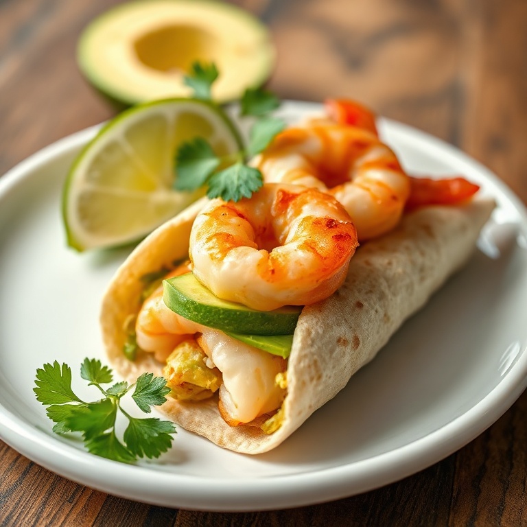 Perfectly plated shrimp wrap with a slice of lime and fresh cilantro on a white ceramic plate