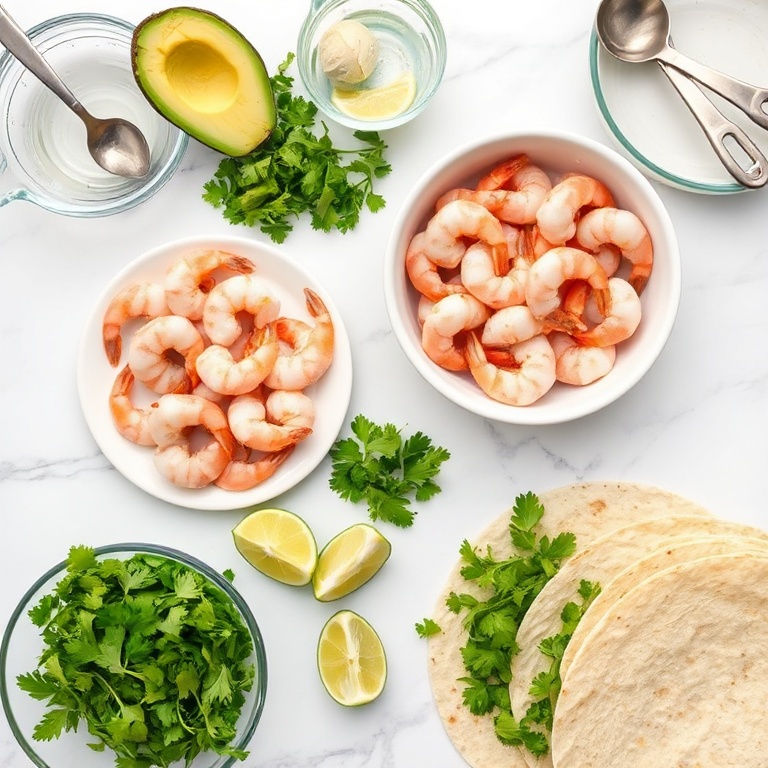 Fresh shrimp, ripe avocado, fresh cilantro, lime wedges, and tortilla wraps arranged in a flat lay on a white marble surface