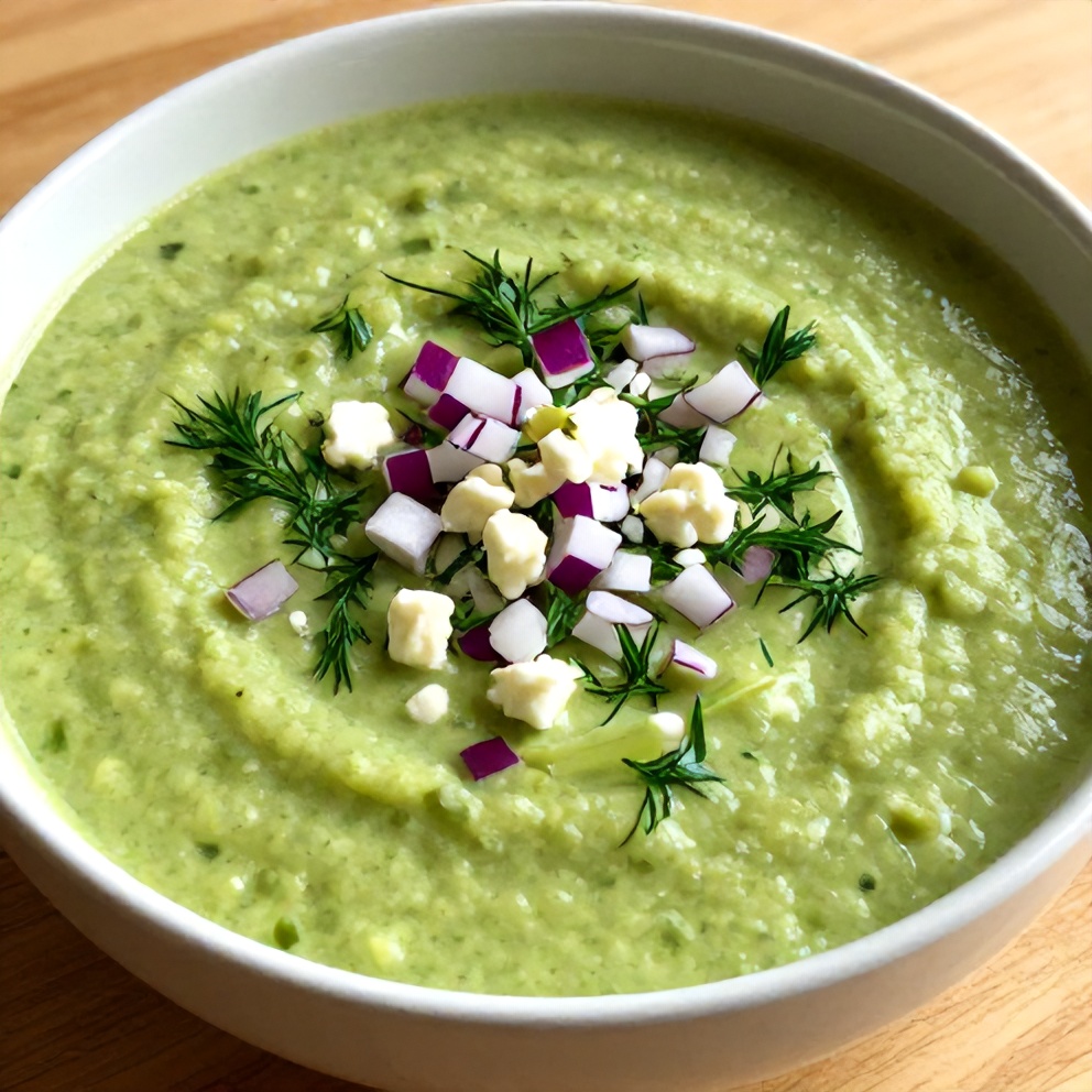 Bowls of Chilled Cucumber Avocado Soup with Garnish