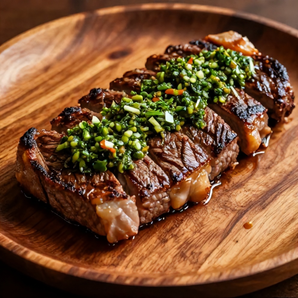 Steak with chimichurri sauce served on a wooden plate