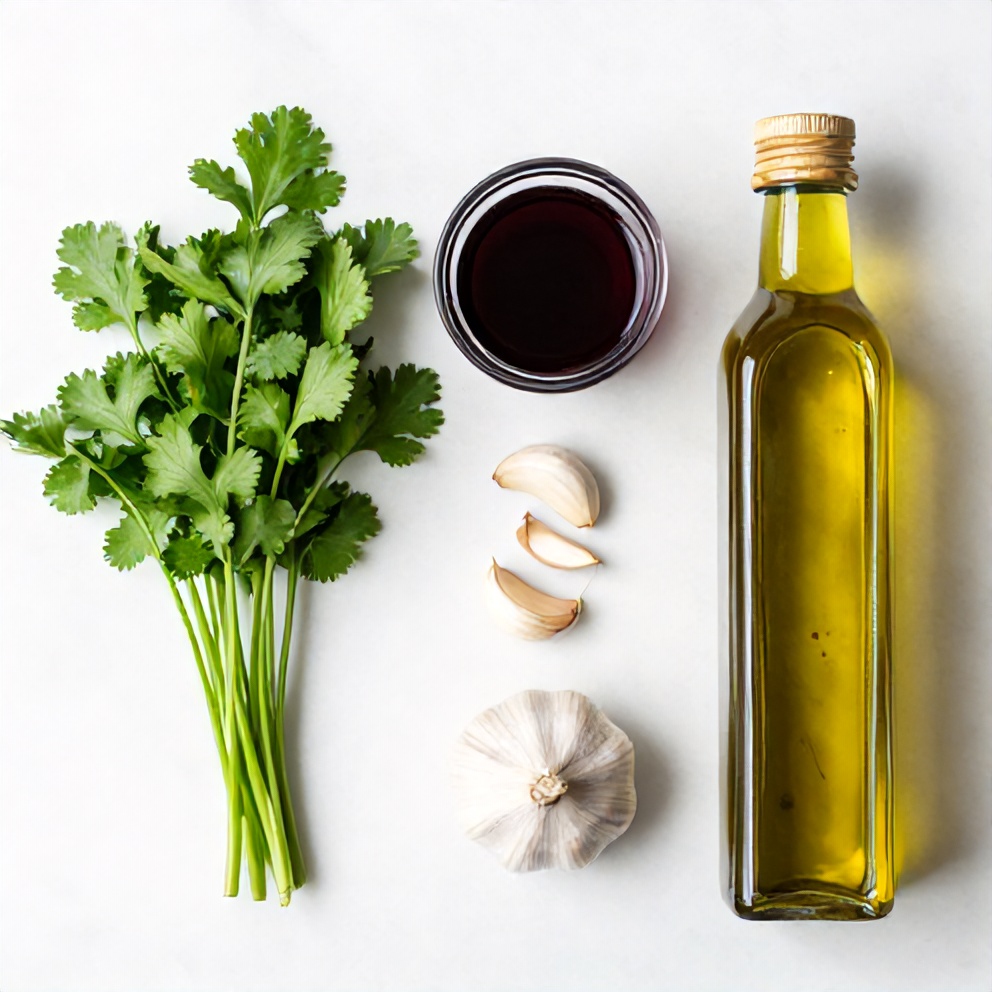 Parsley, cilantro, garlic, red wine vinegar, and olive oil arranged on a white marble surface