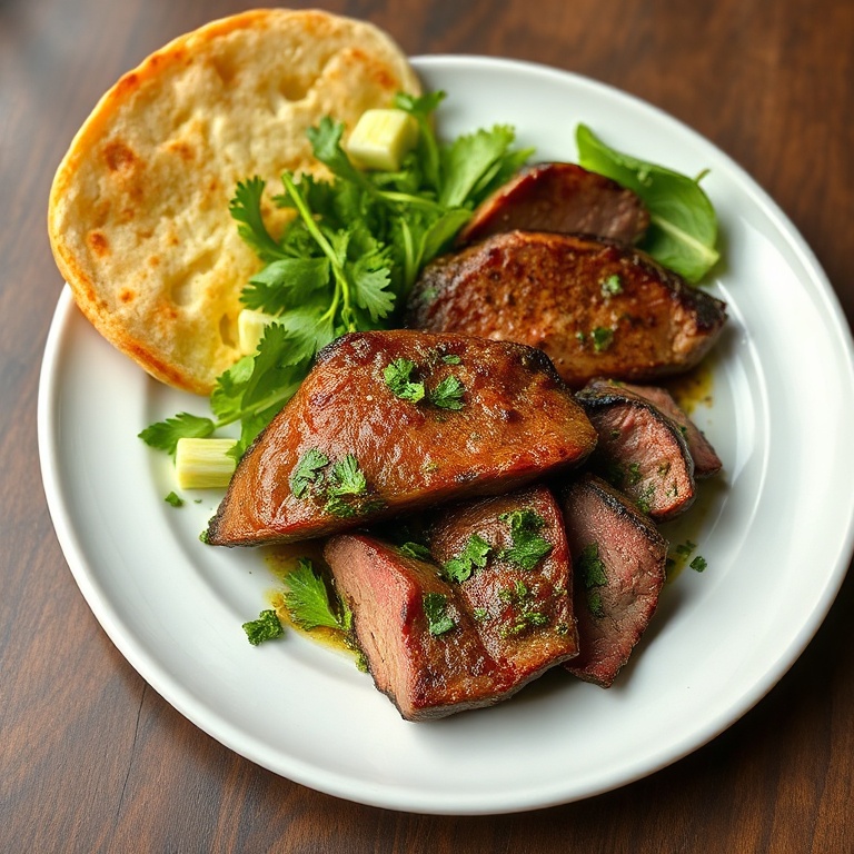 Perfectly plated chimichurri steak salad with fresh herbs and flatbread on a ceramic plate.