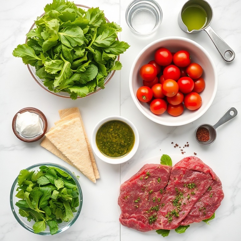 Raw ingredients for chimichurri steak salad arranged in an overhead flat lay.