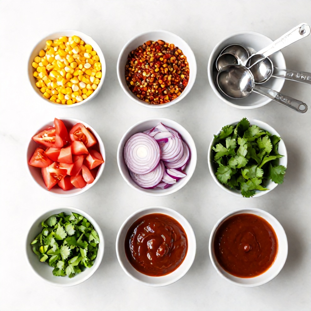 Raw ingredients for Easy Chipotle Corn Salsa on a marble surface