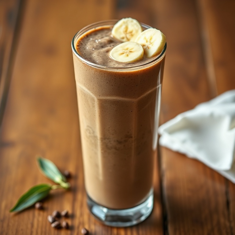 Single serving of easy chocolate banana smoothie garnished with banana slices in a clear glass