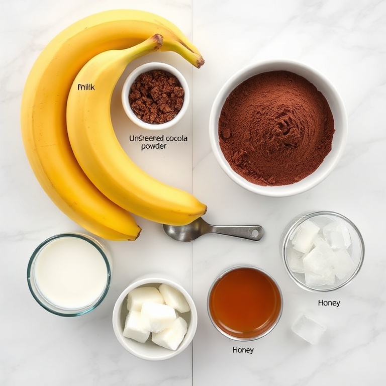 Overhead view of raw bananas, cocoa powder, milk, yogurt, honey, and ice cubes with measuring spoons on white marble