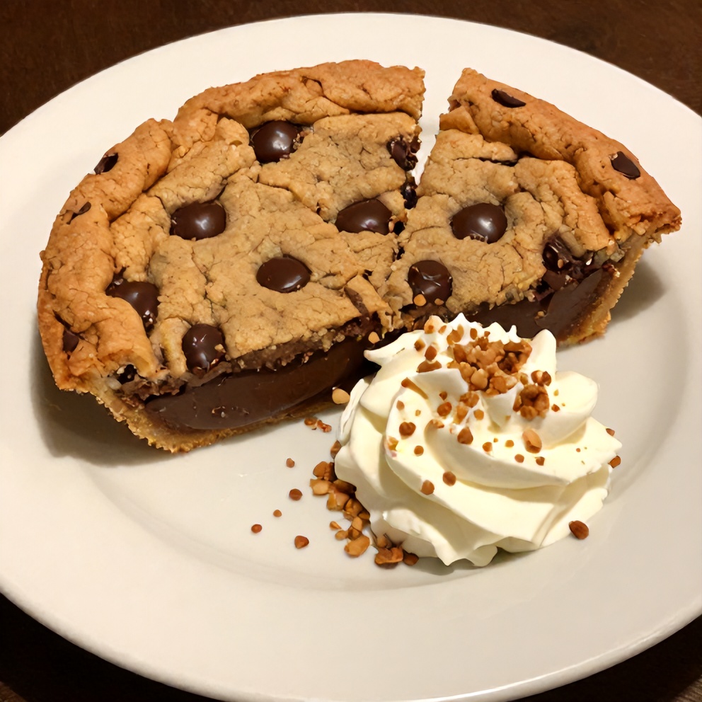 Sliced Chocolate Chip Cookie Pie on a white plate