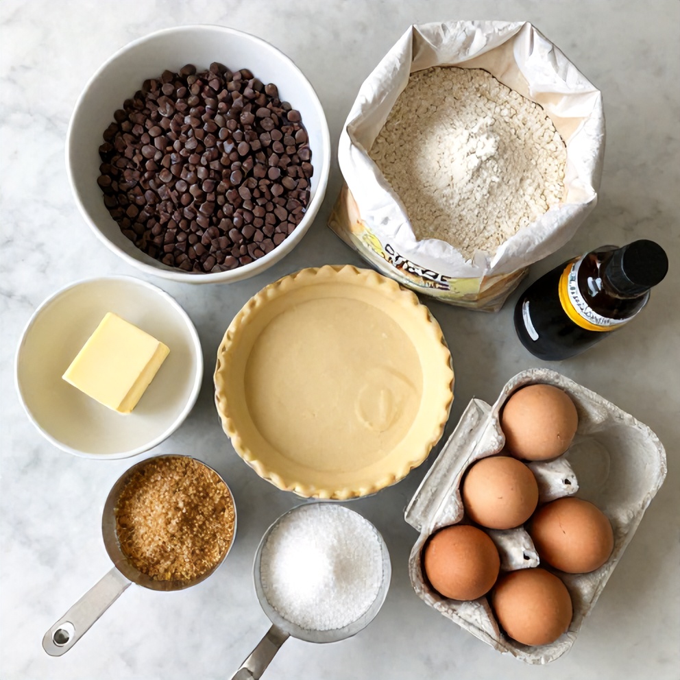 Chocolate Chip Cookie Pie ingredients on a marble surface