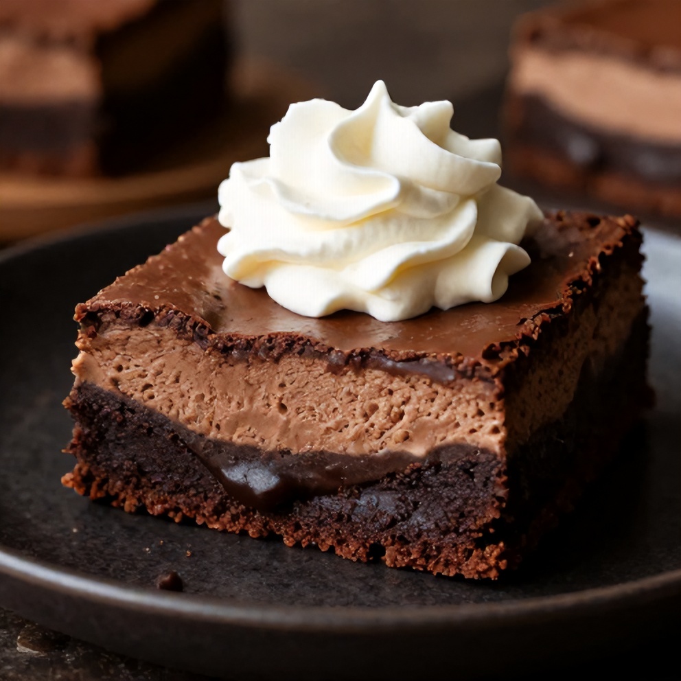 Plated serving of Easy Chocolate Mousse Brownies with a dollop of whipped cream
