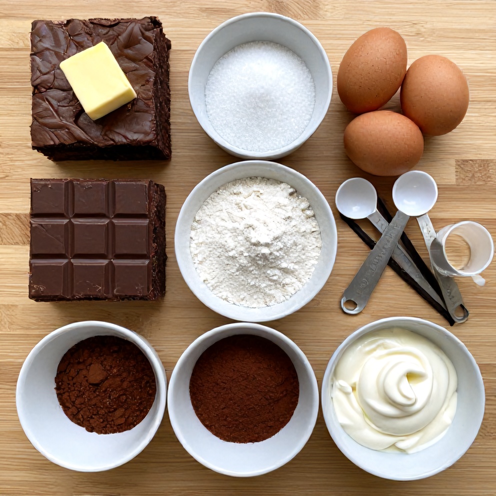 Raw ingredients for Easy Chocolate Mousse Brownies laid out on a wooden surface