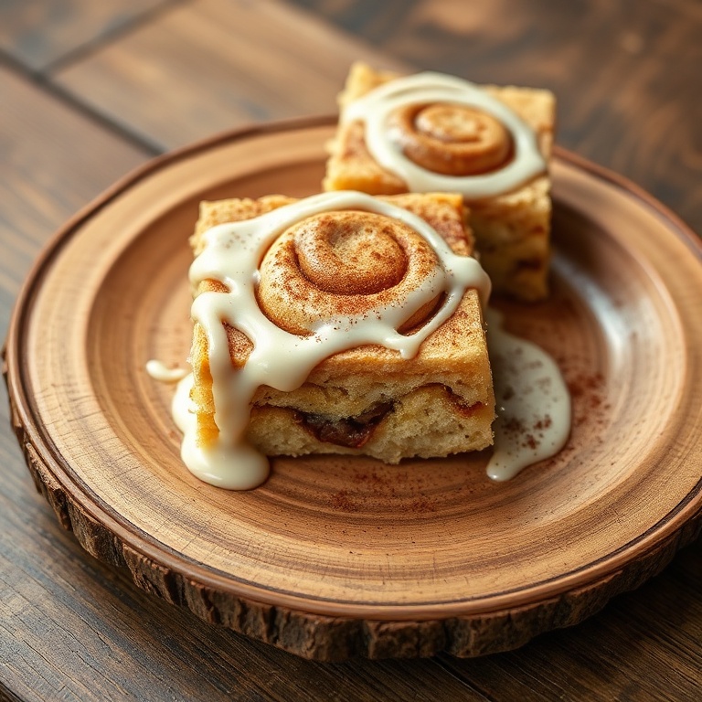 Cinnamon roll bars on a rustic wooden plate. Vanilla frosting drizzle and a sprinkle of cinnamon. Close crop shows texture and presentation.