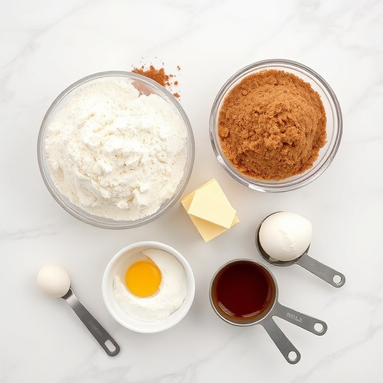 Flour, brown sugar, cinnamon, butter, eggs, and vanilla extract arranged in a flat lay. Measuring cups and spoons in use. White marble surface with bright even light.