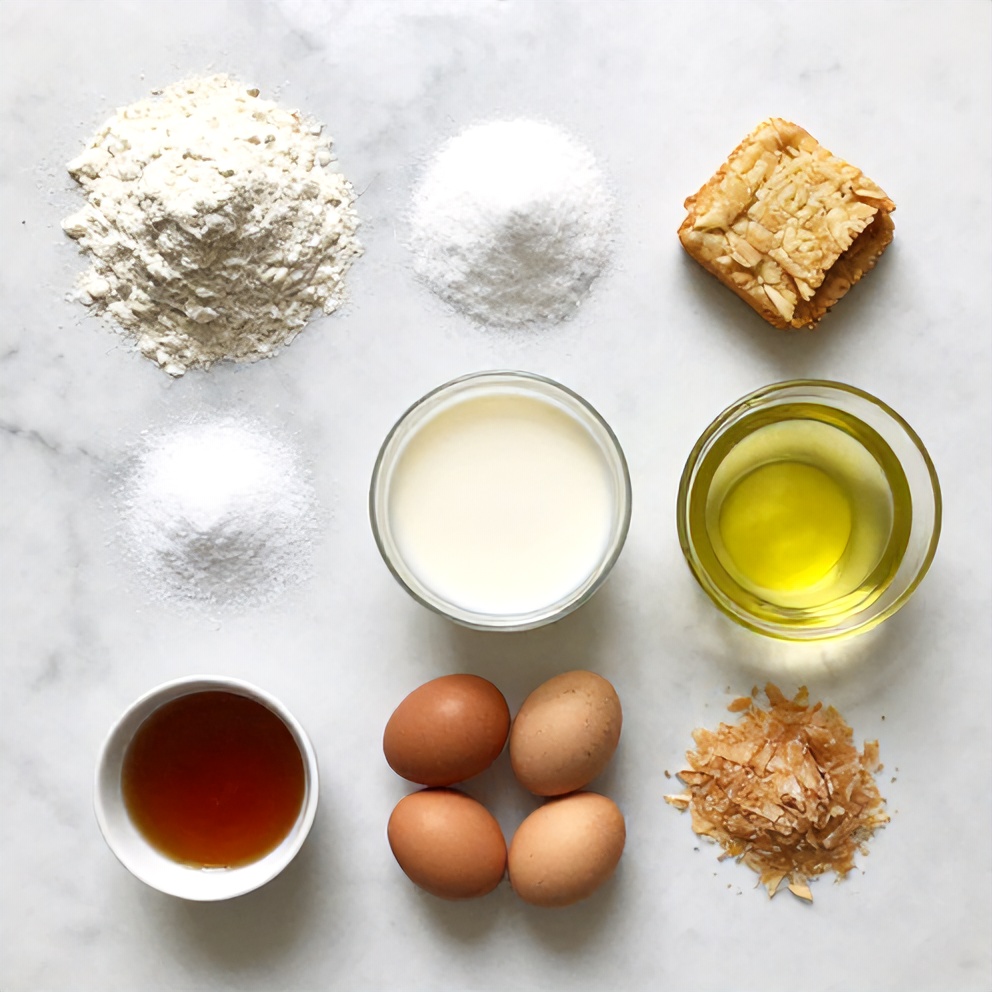 Ingredients for Easy Coconut Milk Snack Cake on a marble surface